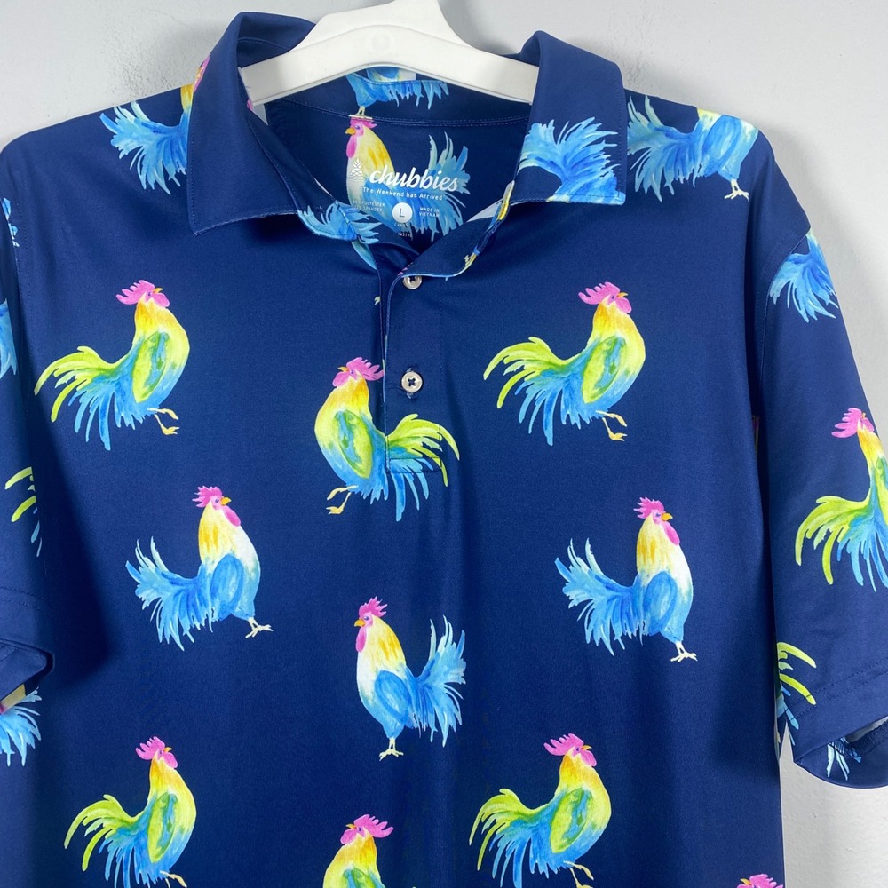 Chubbies Polo Shirt Mens Large Blue Roosters Golf Performance Stretch Chickens